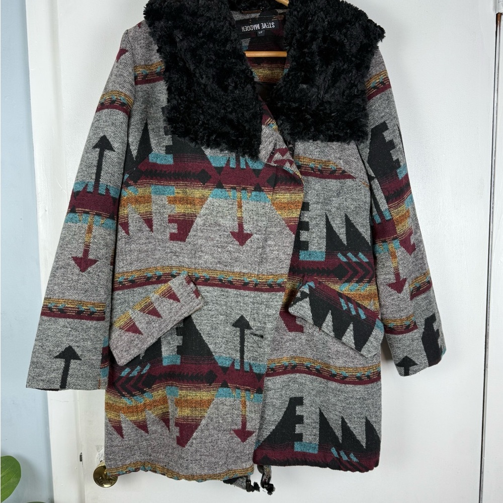 Steve Madden Multicolor Tribal Coat with Black Fur Collar S